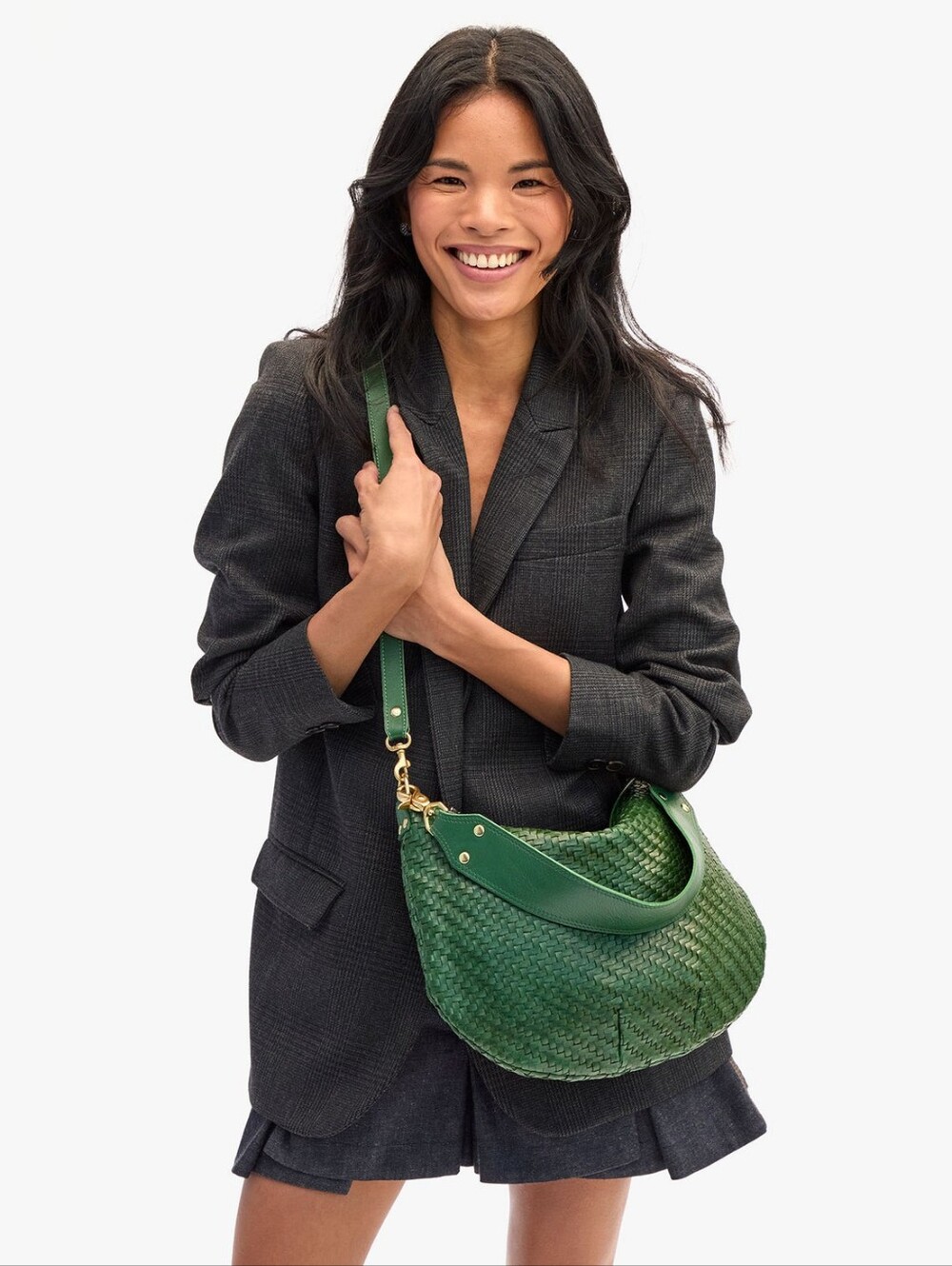 EXCELLENT CLARE V MOYEN MESSENGER BAG - EVERGREEN WOVEN ZIG-ZAG LEATHER - Picture 2 of 11